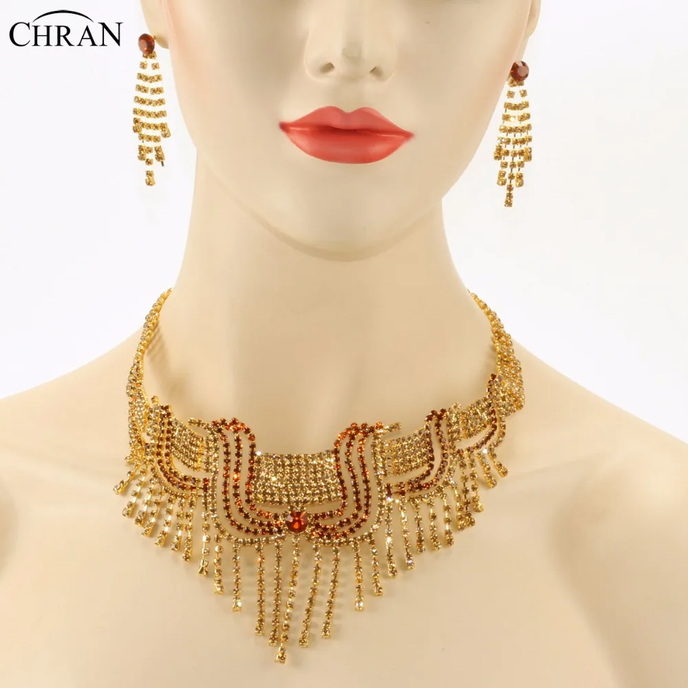 

CHRAN Indian Style Bridal Wedding Jewelry Set for Women Gold Color Tassel Rhinestone Necklace Earrings Set for Bridesmaid