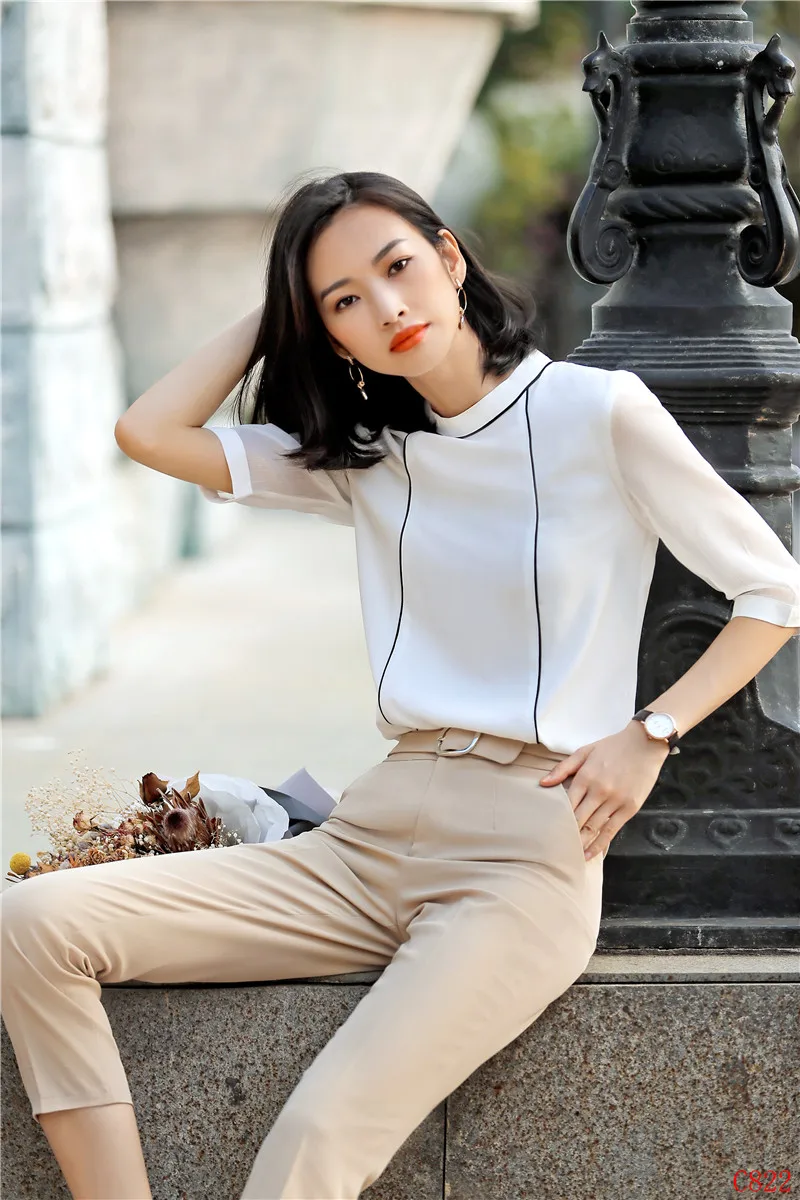 Модные женские белые блузки деловые костюмы комплект из 2 предметов с брюками и