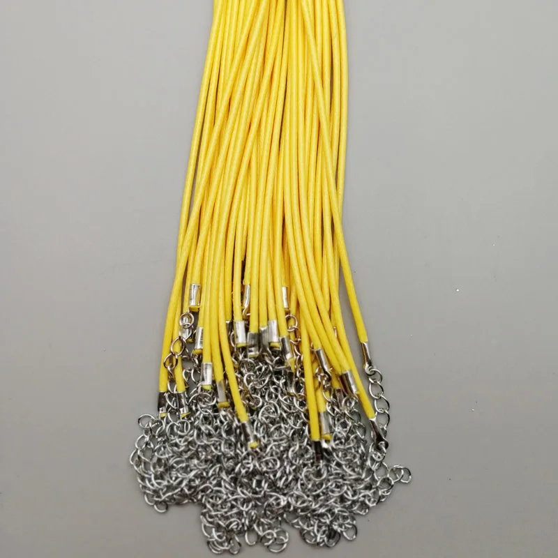 Оптовая модная шнурок из восковой кожи толщиной 2 мм, длиной 45 см, желтого цвета с карабином-застежкой цепочка веревка украшения из ювелирных изделий 100 шт./лот.