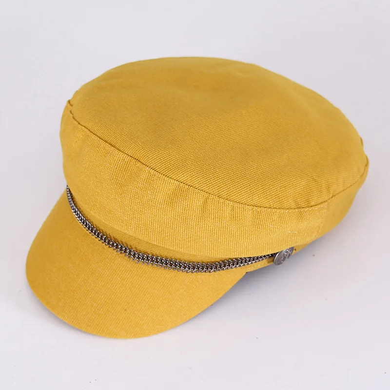 yellow Новое поступление, женская и мужская шапка, Осень-зима, одноцветная, плоская кепка, повседневная, модная, дикая Кепка, мужская, берет с цепочкой, темно-синяя кепка - Цвет: yellow