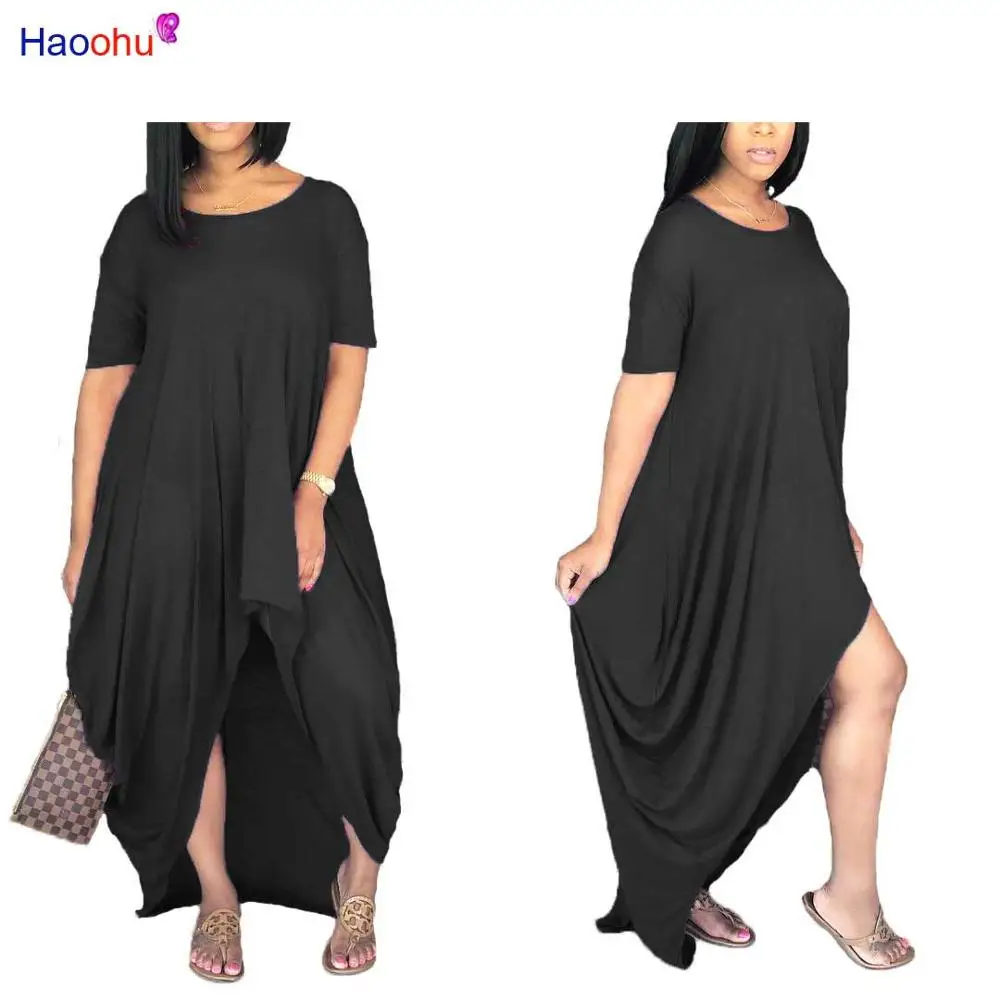 Черный HAOOHU Sexy Long Dress Women Summer New O-Neck Short Sleeve Robe Casual Loose Solid Maxi Dress Irregular Party Club Dress - Цвет: Черный