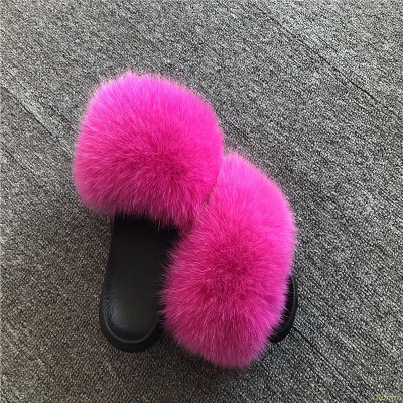 fox hair Женские шлепанцы с натуральным лисьим мехом; меховые летние пляжные шлепанцы; пляжные сандалии; шлепанцы без задника на плоской подошве; женская уличная обувь с пушистой лисой - Цвет: fox hair