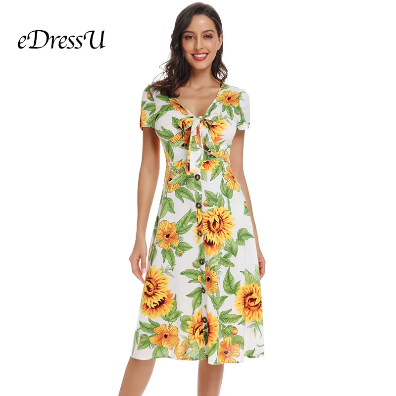 Женское летнее платье до колен с коротким рукавом и цветочным принтом | Женская