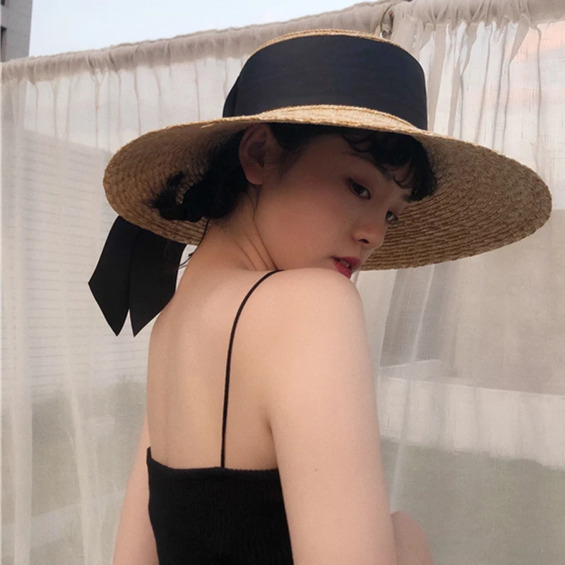 

Fashion Summer Hat Women SUPER Wide Black Ribbon Straw Caps Sun Visor Hats Beach Sunhats With 13cm wide Brim Lady Retro YY18062