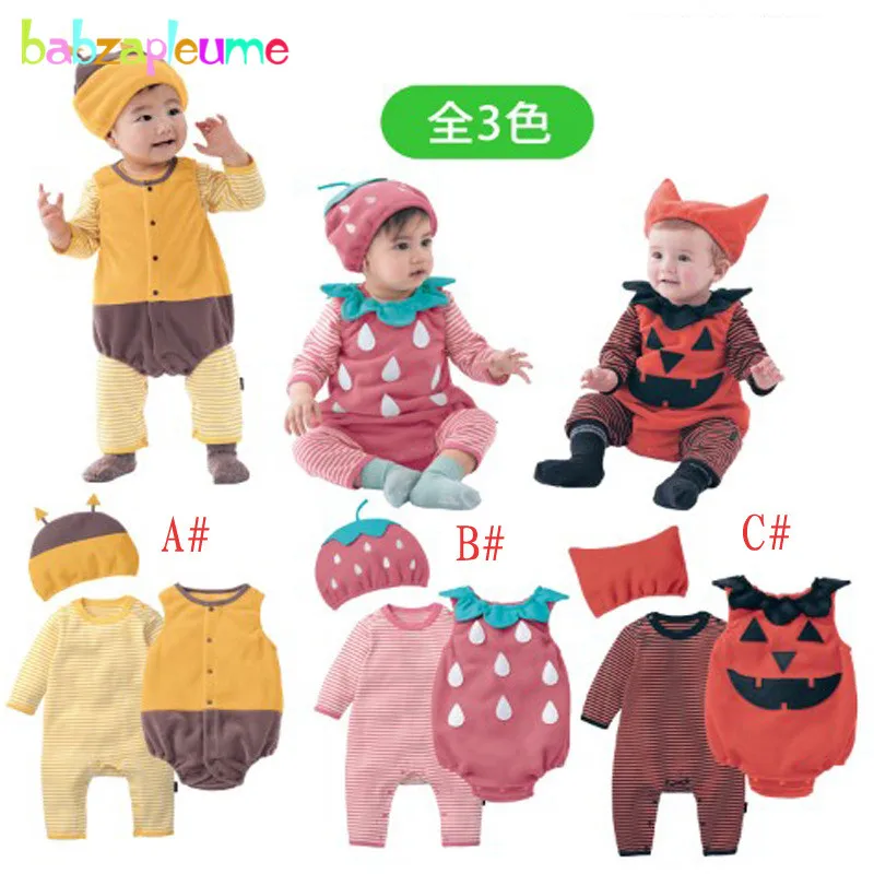 

3PCS/0-18Months/Spring Autumn Newborn Clothing Set Baby Clothes Cartoon Cute Pumpkin Bodysuit+Rompers+Hat Infant Jumpsuit BC1341