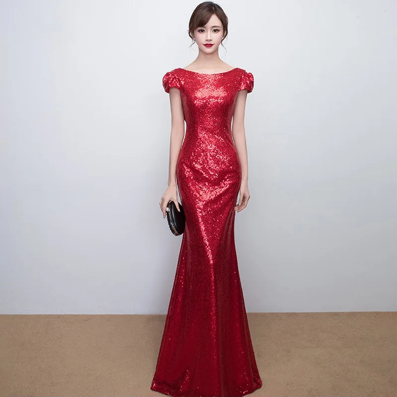 

D012 black sequined cap sleeve mermaid floor length backless women summer dress
