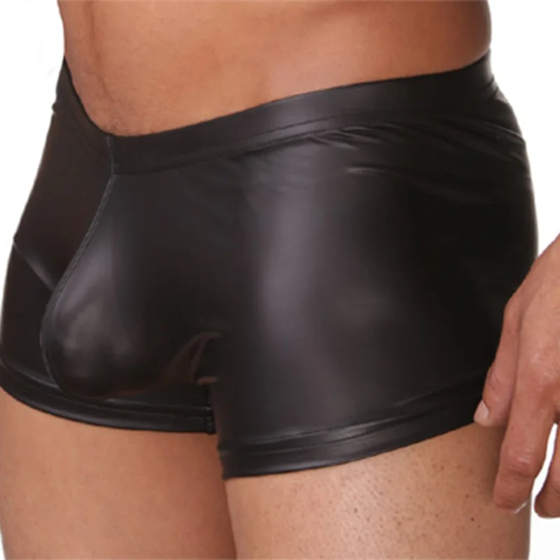 

2019 New Mens Boxers Elasticity Faux Leather Men Underwear Lingerie Pouch Bulging Boxer Shorts Trunks Underpants gay underwear