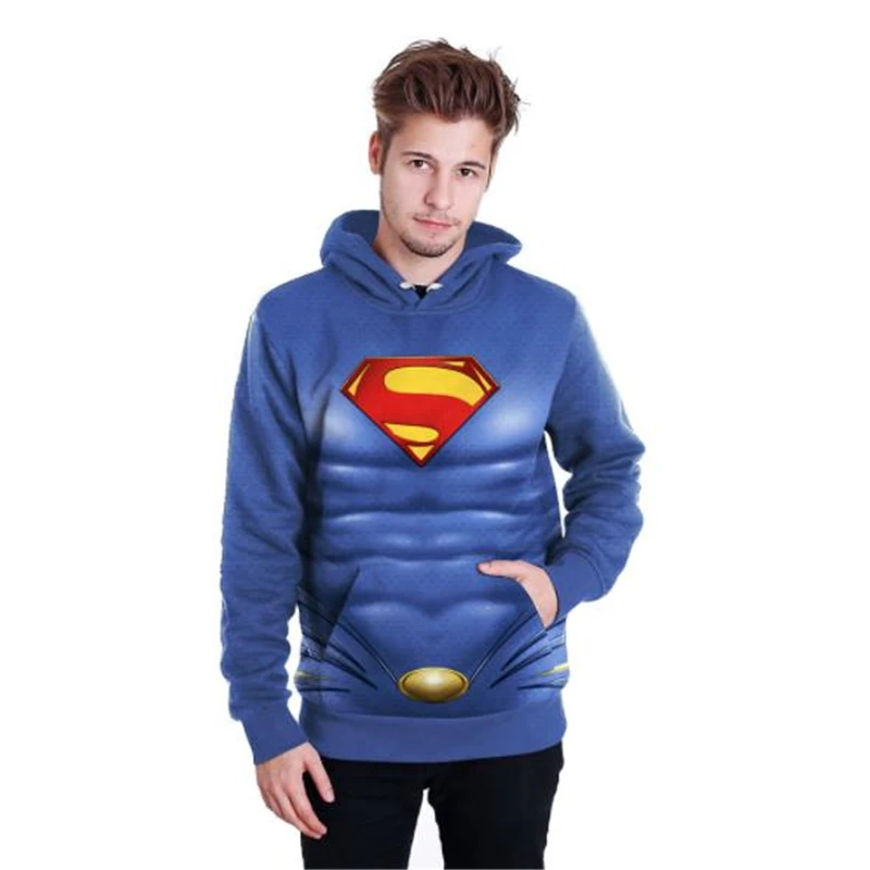 New Halloween Superhero Plays Print Long-Sleeved Hooded Clothes For Men And Women Lovers Superman Blue Hoodies | Женская одежда