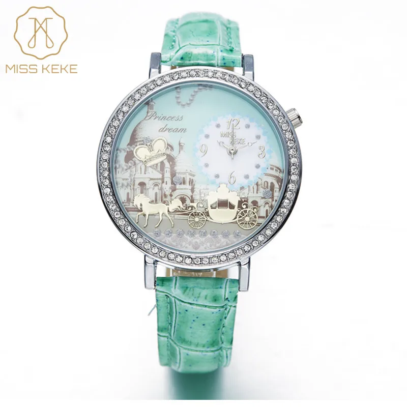 Miss Keke Horse зеленый милый Мини Мир стразы женские модные часы Relogio Feminino кожаные