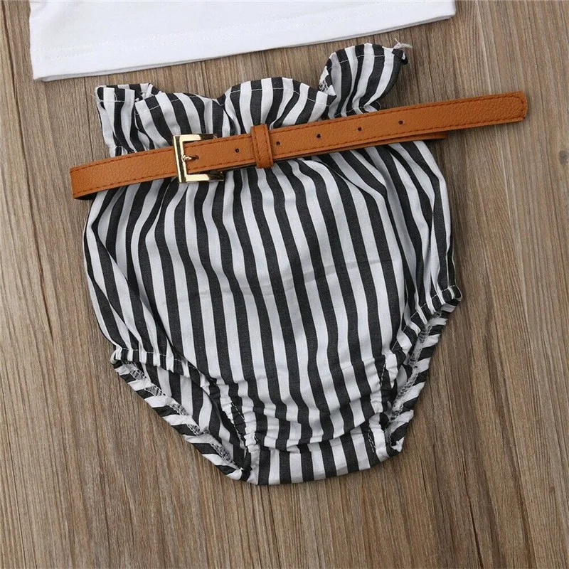 

Toddler Kids Girls Princess Clothes Set Cotton Baby Girl Sleeveless White Lace Summer Vest Tops Striped Shorts Belt Outfit Set