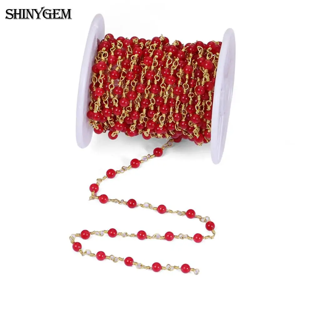 ShinyGem 4 мм/6 мм Агатовая/Нефритовая цепочка из бисера для изготовления ювелирных изделий 24 к позолоченная цепочка с натуральным камнем четки 5 м/лот