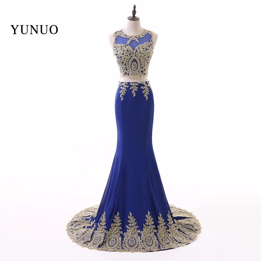 

Sexy Chiffon 2 Piece Mermaid Scoop Neck Sleeveless Long Evening Dresses 2019 Appliques Beaded Floor Length Evening Dress YN80502