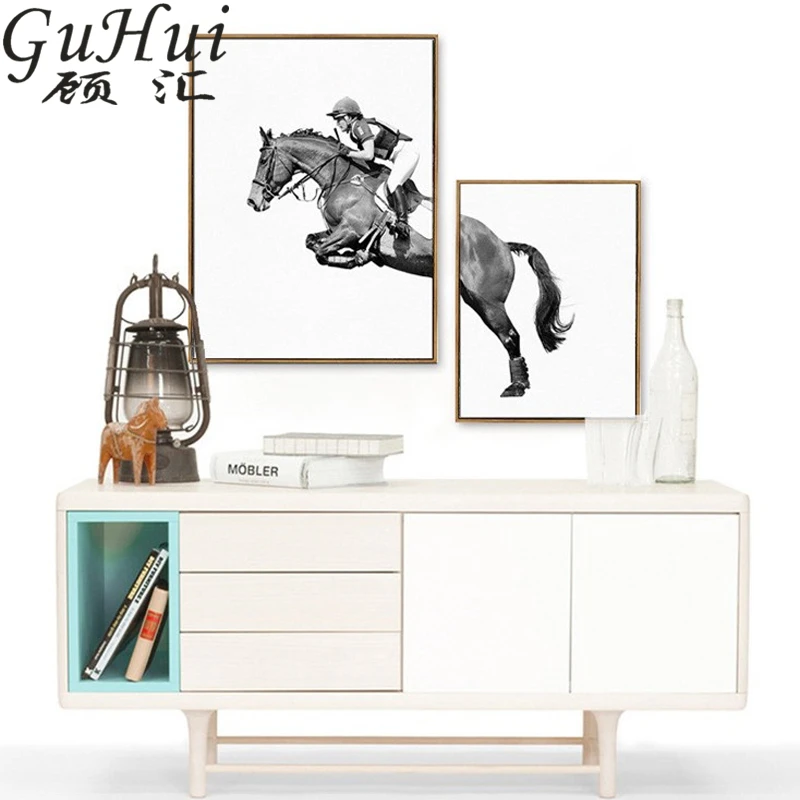 Скачущая лошадка черно белые картины холщовая Настенная картина Equestrianism