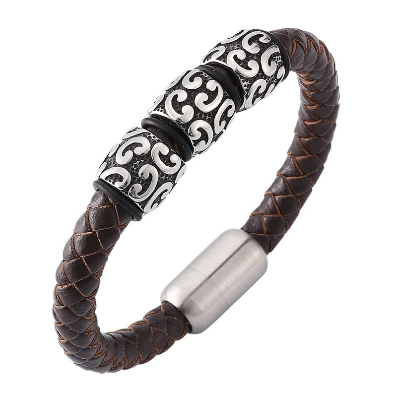 

Simple Man Accessories Jewelry Vintage Brown Braided Leather Men Bracelet S.Steel Magnetic Buckle Rock Leather Bangle New SP0161