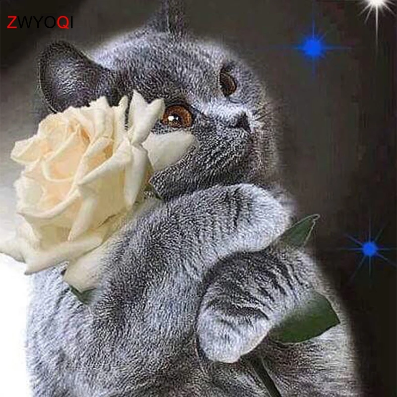 5D DIY Diamond embroidery Full Round mosaic cat rose embrace Square painting Cross stitch | Дом и сад