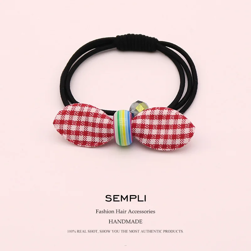 

Sempli Cotton Plaid Elastic Bow-Knot For Women Crystal Beads Hair Band Kid Children Rubber Band Hair Accesorios para el cabello