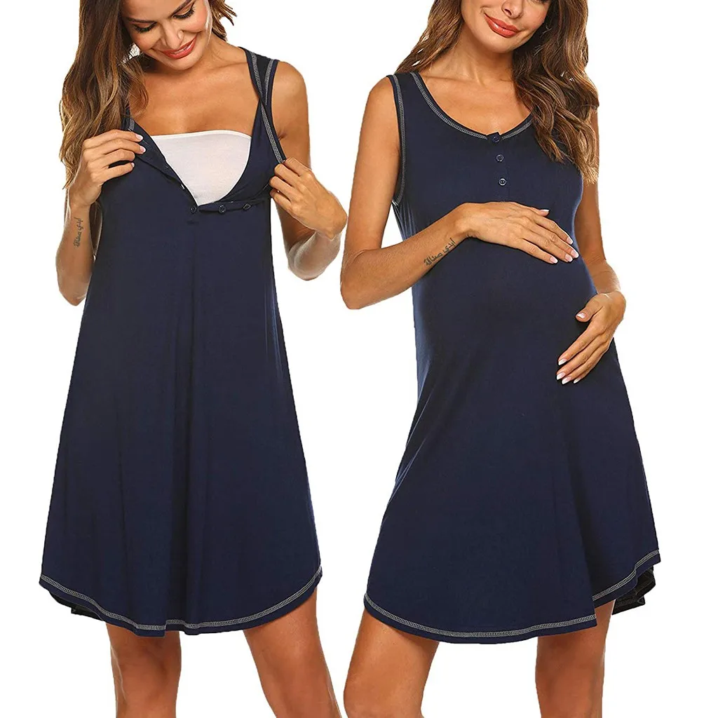 2019 Women's Maternity Sleeveless Casual Button Up Nursing Baby Nightgown Solid Color Breastfeeding Sleepwear Dress for Pregnant | Мать и