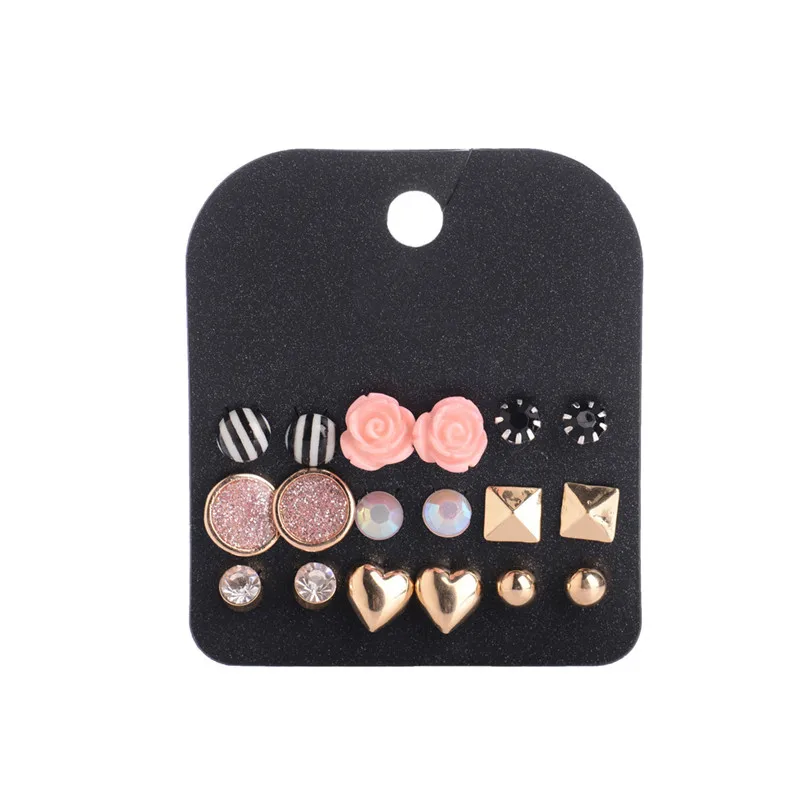 Набор сережек-гвоздиков набор из 9 пар сережек с двумя жемчужинами и кристаллами