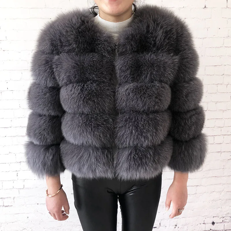 Medium gray Высококачественное натуральный мех лисы пальто, женская зимняя модная теплая кожаная Шуба с натуральным мехом, короткая куртка с рукавами - Цвет: Medium gray