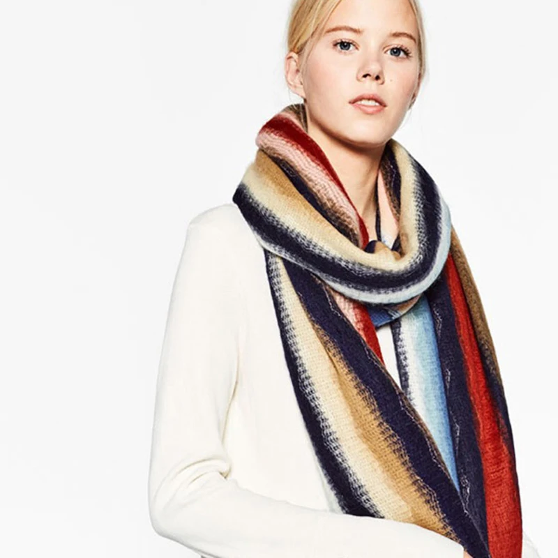 Женские Зимние Шарфы Имитация Кашемира Цвета Радуги Кисточкой женские Теплые