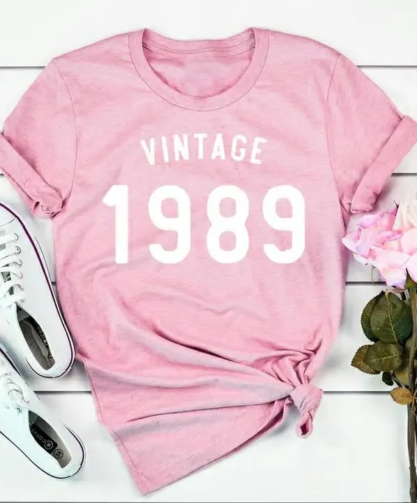 Pink-white txt Винтажная женская футболка на 30-й день рождения 1989, женские футболки с эстетическим графическим принтом, Повседневная модная одежда grunge tumblr, футболка, топ, рубашка - Цвет: Pink-white txt