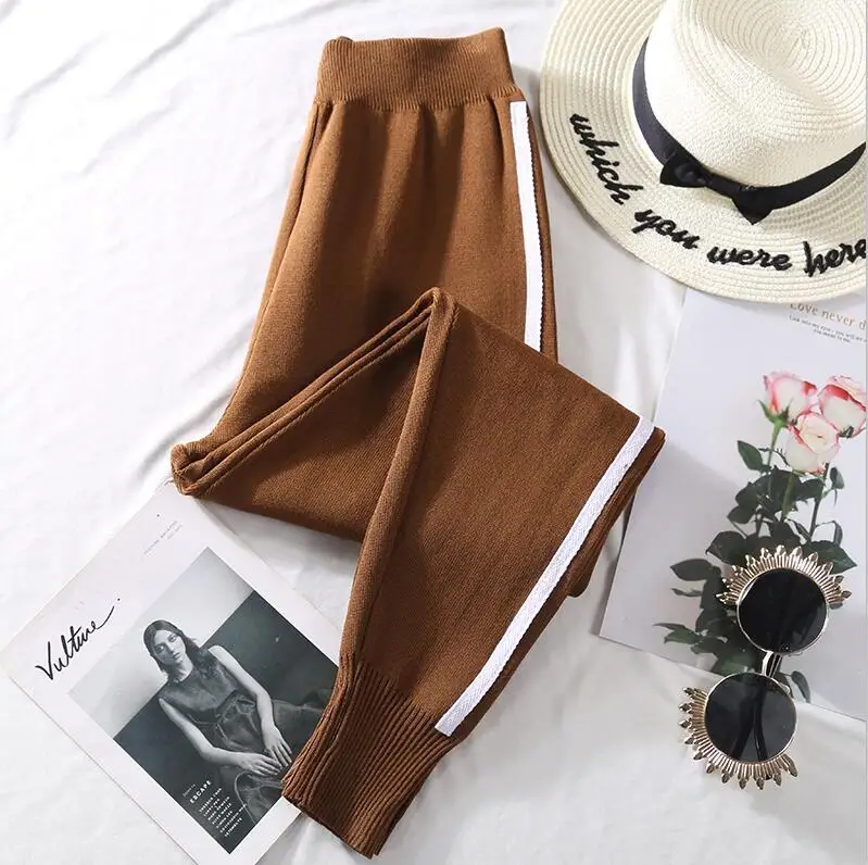 Autumn Knitted Harem Pants Women Women's Drawstring Wide Leg Pants Outdoor Comfy Casual Elastic Waist Pants with Pockets - Color: Khaki