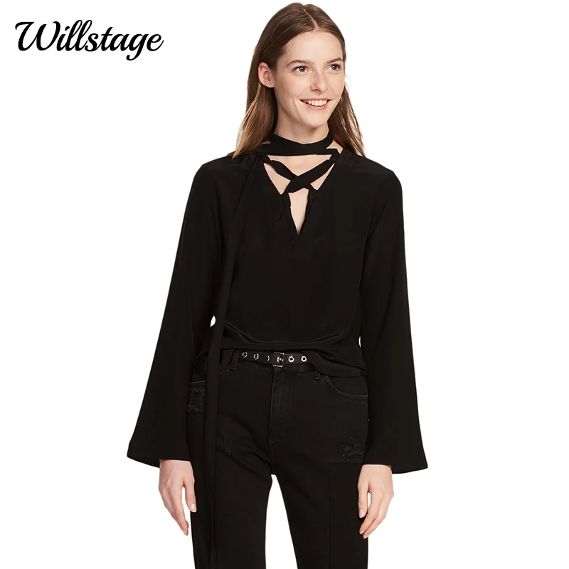 Блузка Willstage с длинным рукавом и бантом спереди на шнурках однотонная элегантная