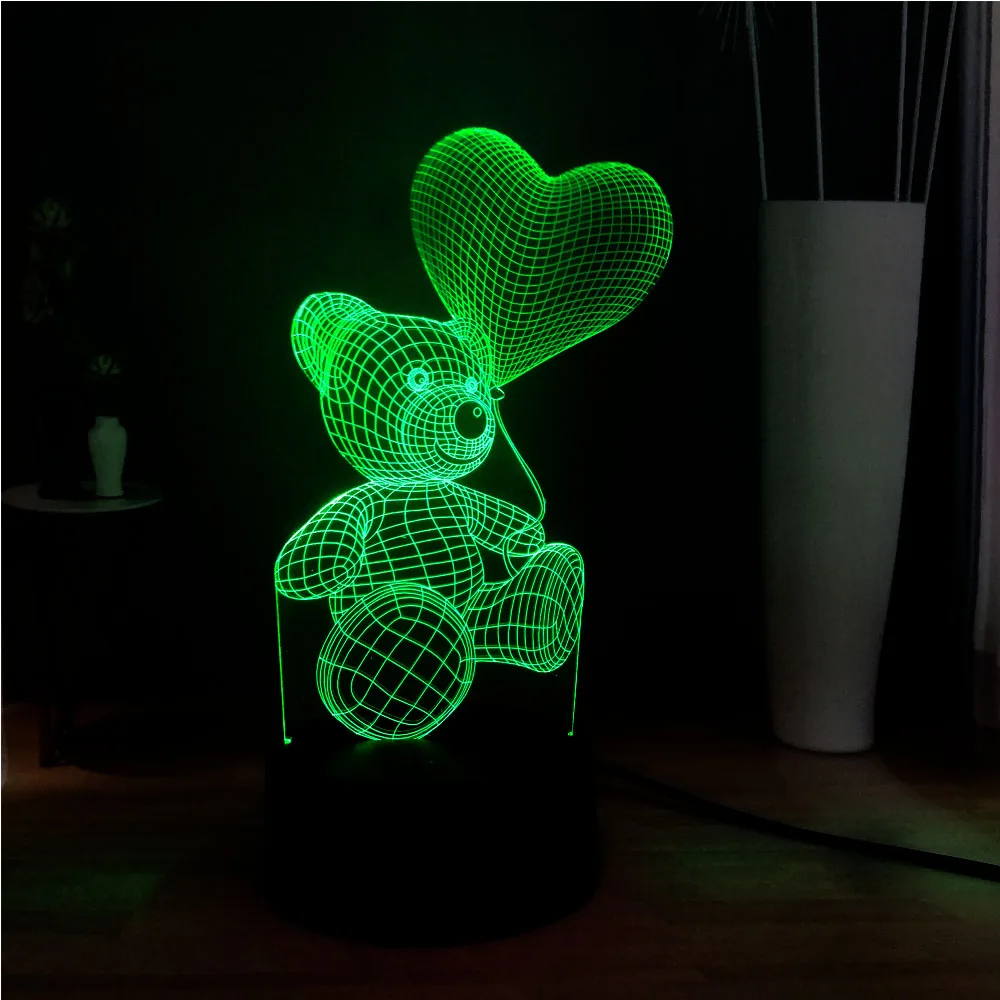Иллюзия RGB 3D Милый Детский плюшевый медвежонок в форме сердца воздушный шар