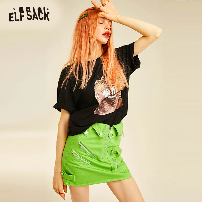 Женская джинсовая мини юбка ELF SACK зеленая уличная с молниями средней посадки