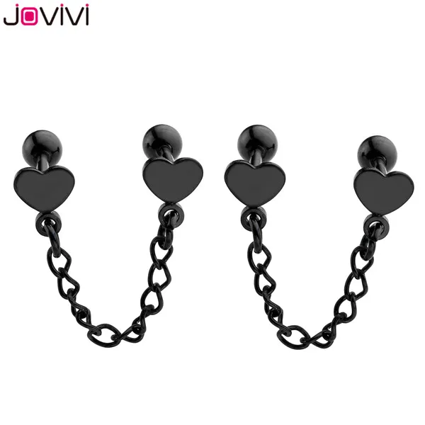 JOVIVI 2-6 шт унисекс Stainlss сталь двойной с кисточкой-сердцем цепь штанга хрящевая спираль серьги гвоздики пирсинг ювелирные изделия - Окраска металла: 1 Pair Black