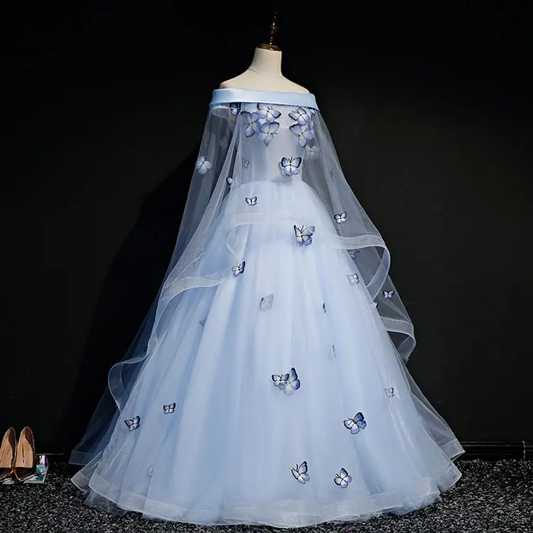 

light blue slash shoulder veil butterfy gown Medieval dress Renaissance gown royal Victoria dress/princess cosplay Belle Ball