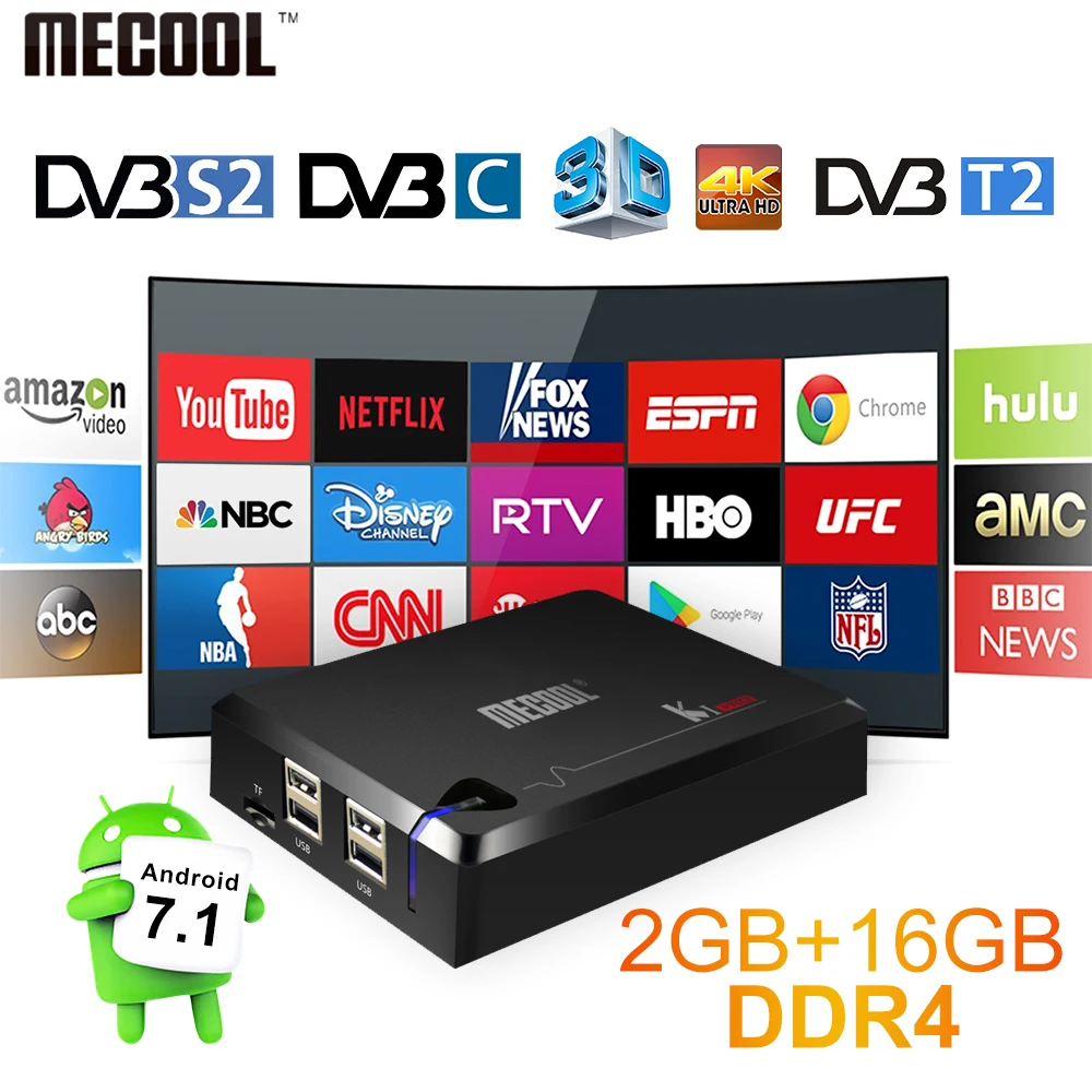 Высокое качество mecool Ki про DVB Android 7.1 ТВ коробка T2/DVB S2/DVB C Amlogic s905d Quad 2 г/16 г Поддержка