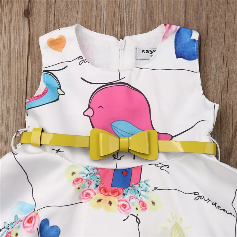 Kids Baby Girls Bird Dress Formal Sleeveless O-Neck Party Pageant Princess High Waist Sundress with Bow Belt 1-5T | Детская одежда и