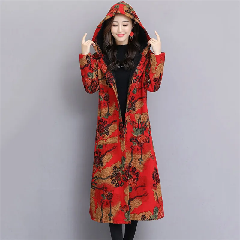 Autumn Winter Women Outerwear 2019 New Retro Printing Large Size Female Trench Thick Hooded Single-Breasted Ladies Cw613 | Женская