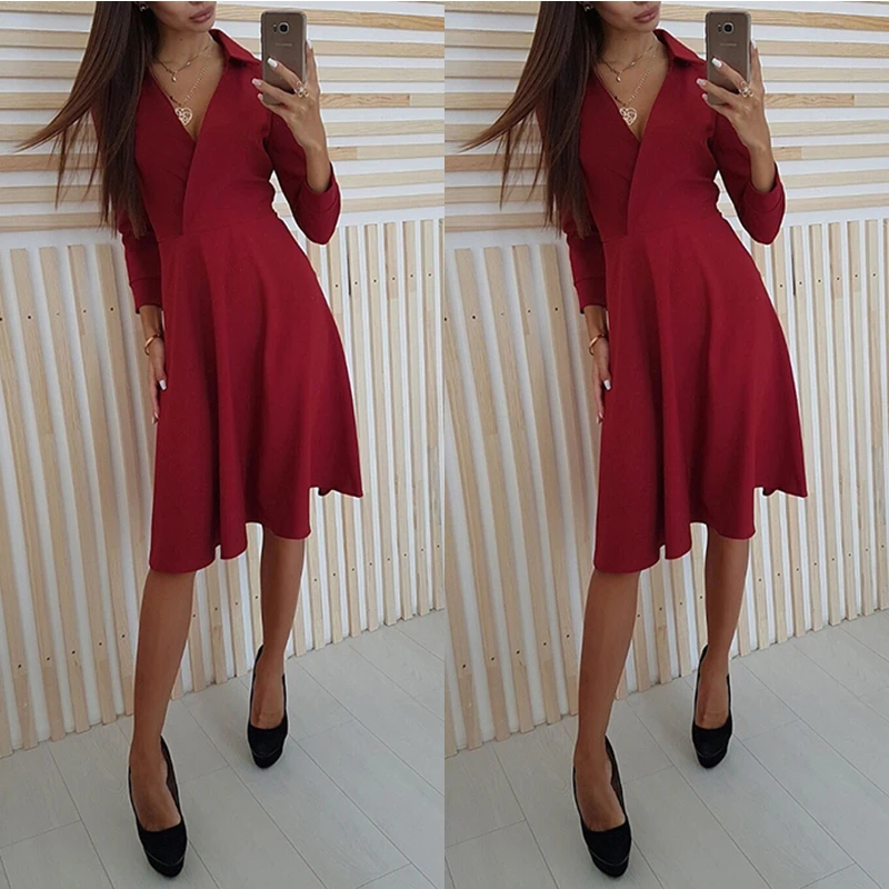 

Women Sexy V-Neck Autumn Dress Women Solid Long Sleeve Slim A-Line Dress Party Knee-Length Dresses Female Vestidos SJ1020V