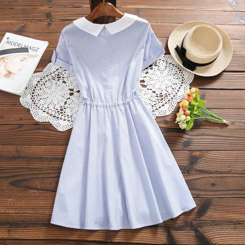 Women Summer Dress Striped Floral Embroidery Elegant Ladies Short Sleeve Sundress Female Mini Shirt Party Vestidos E140 | Женская одежда