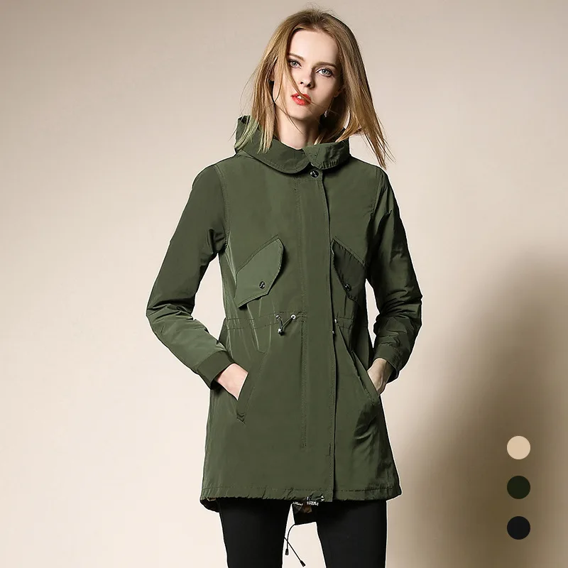 

2018 Autumn Trench Coat for Women hooded England Style zipper outwears female elegant wind breaker women's clothes army green