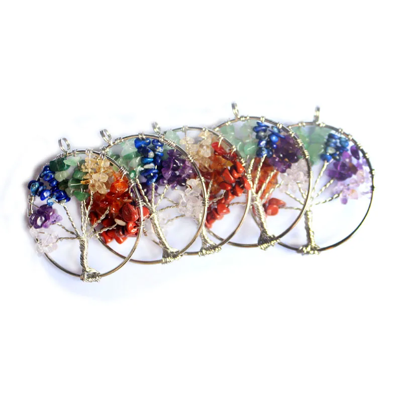 Новая мода серебряная проволока обернуть дерево жизни кулон Радуга круг