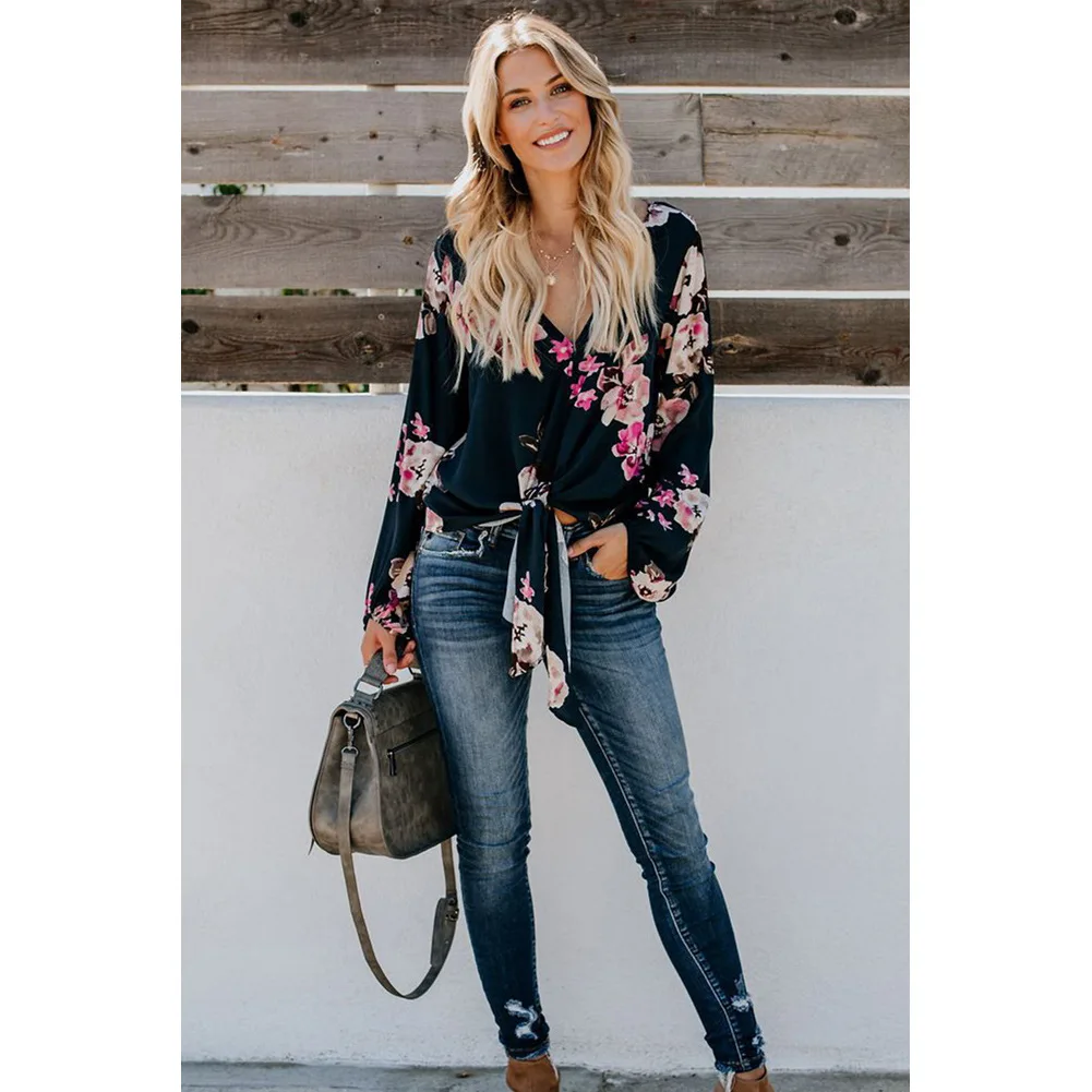 

V Neck Long Sleeve Tie Front Blouse Casual Loose Fit with Long Sleeves