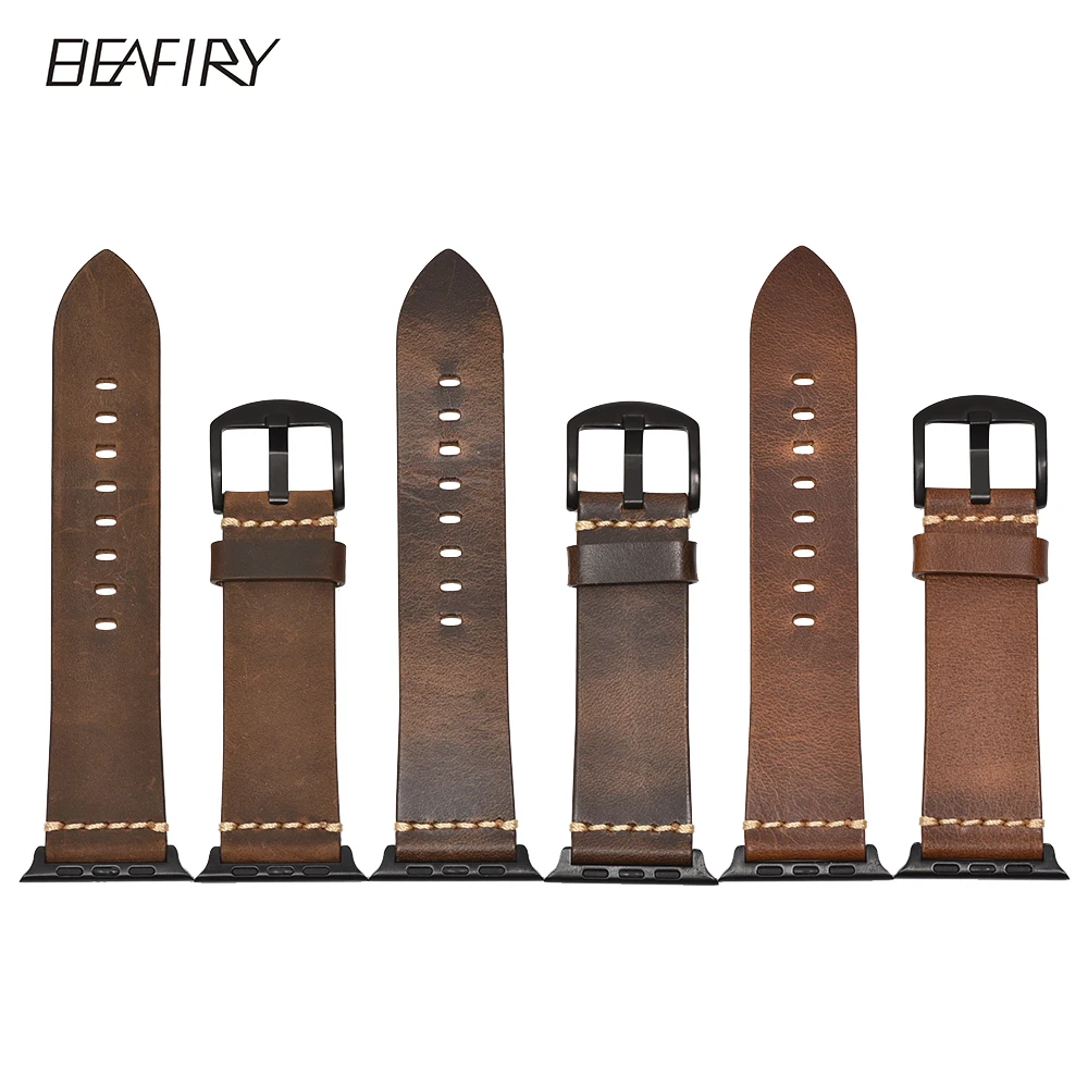 BEAFIRY Crazy Horse Genuine Leather Watchband for Apple Watch Band 42mm 44mm Series 1/2/3/4  iWatch band Straps