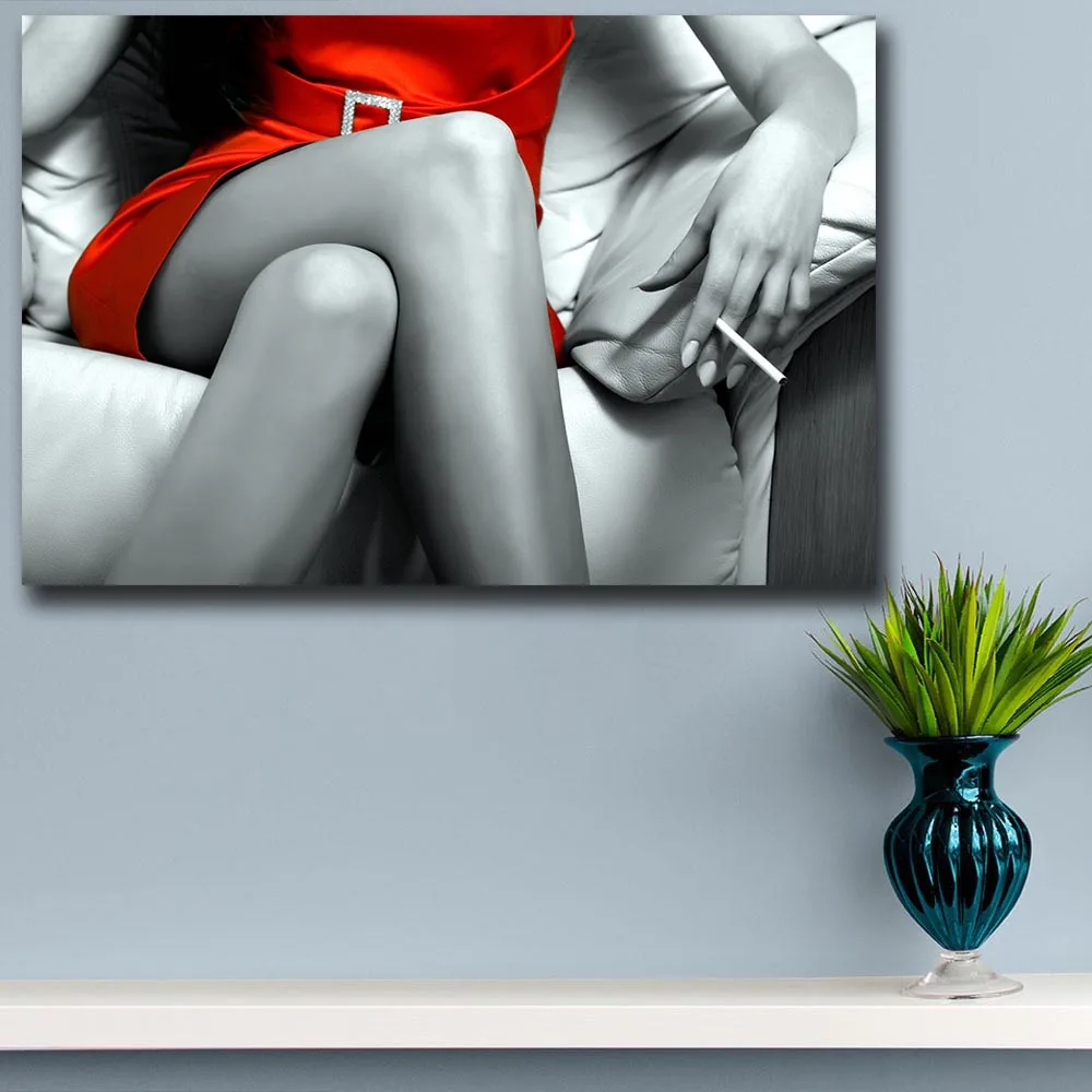 Wxkoil Wall Art Красный сигарета девушка диван Картина на холсте для Гостиная картина