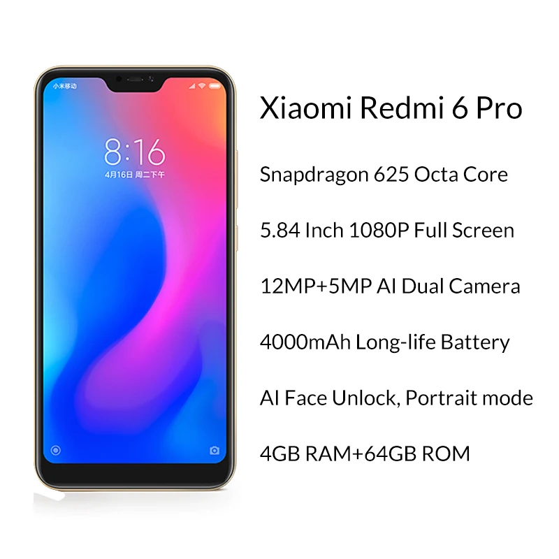 Оригинальный Xiaomi Redmi 6 Pro 4 ГБ Оперативная память 64 Встроенная мобильного телефона