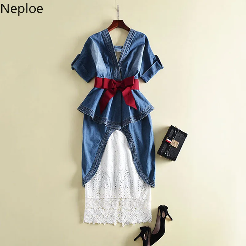 Neploe/Модный комплект из двух предметов джинсовая Асимметричная блузка с бантом и