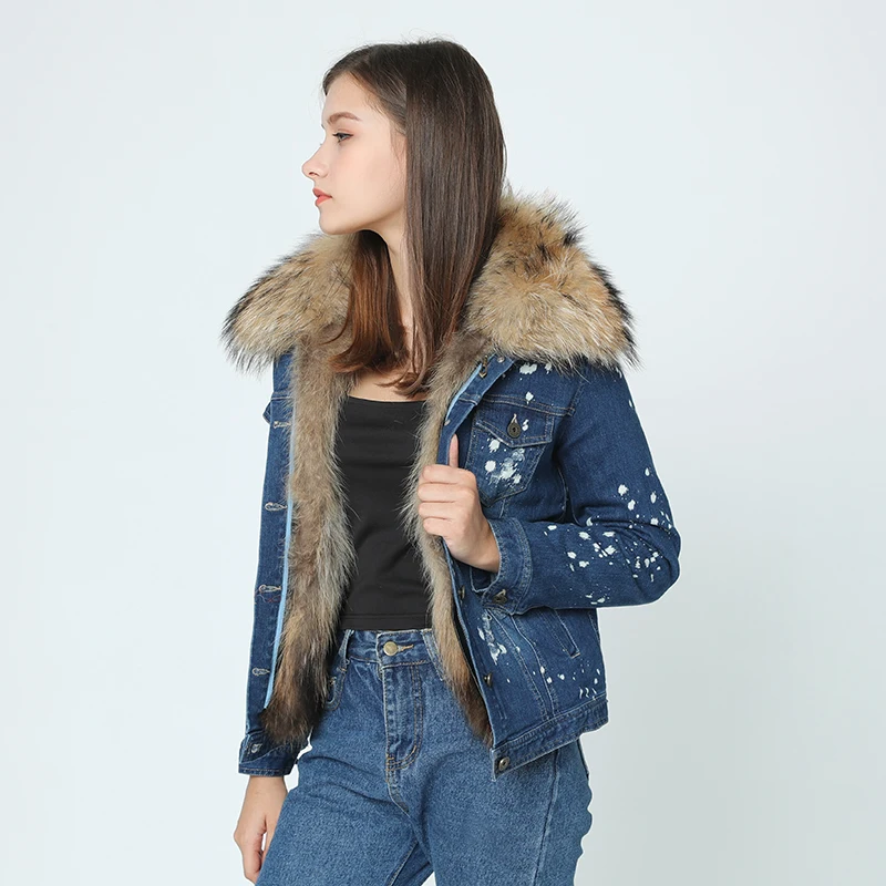 OFTBUY Новая повседневная зимняя куртка женская джинсовая куртка с дырками меховое пальто воротник из натурального меха енота парка с подкладкой из натурального меха енота