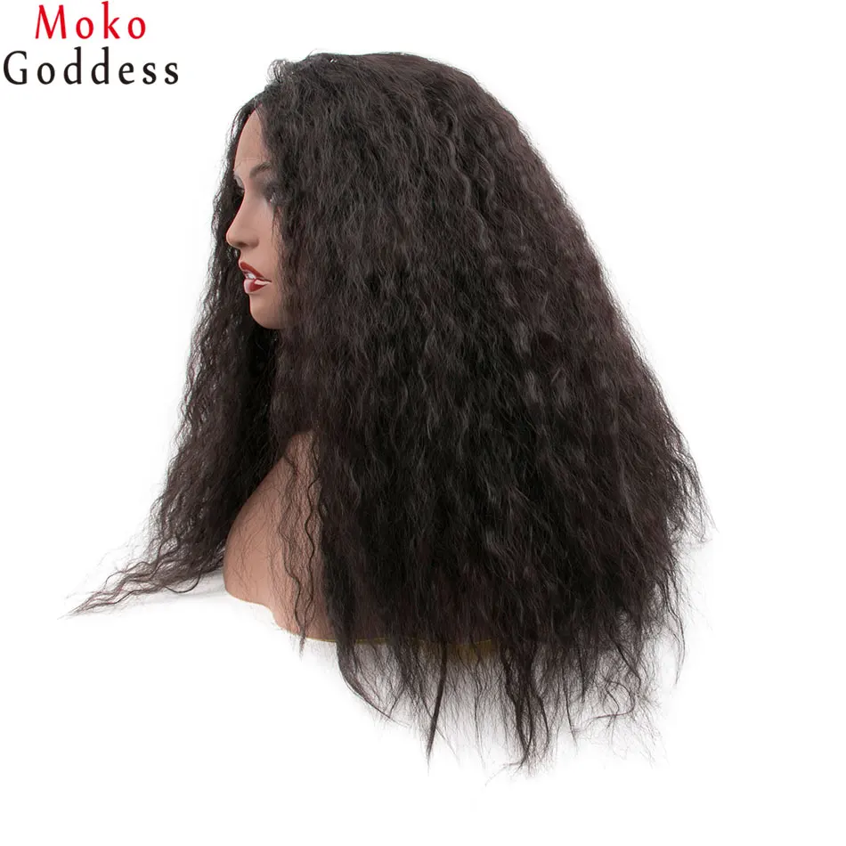 Mokogoddess 150% плотность черные прямые волосы Yaki синтетические парики шнурка синтетические передние парики для черных женщин