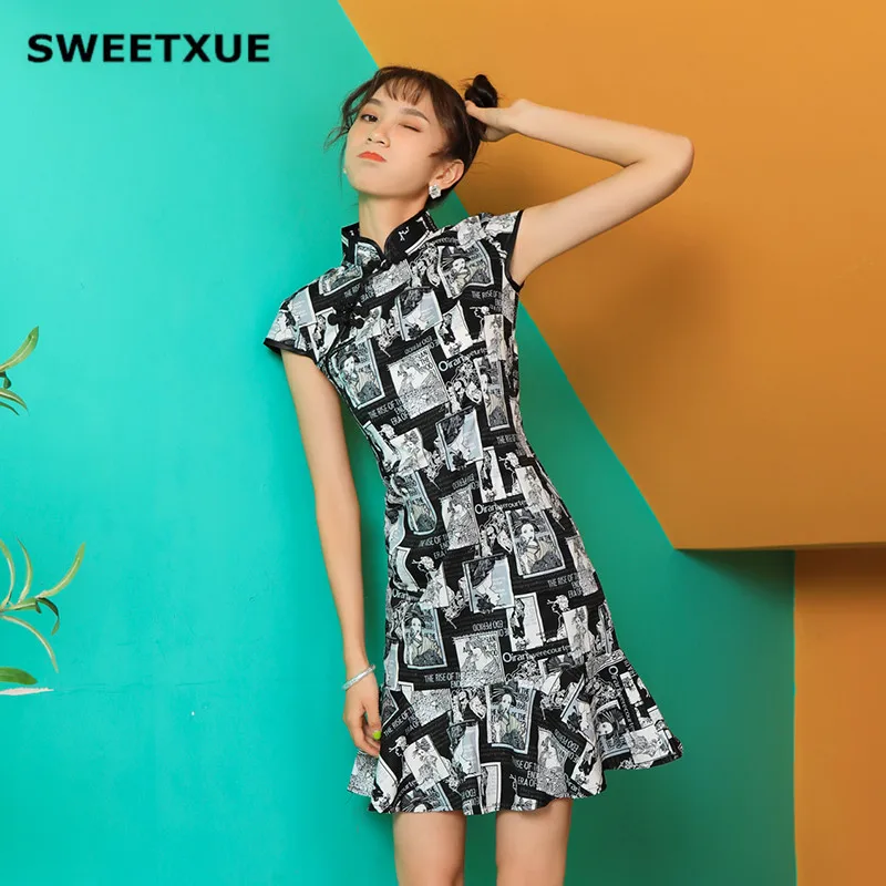 Повседневное приталенное платье Ципао SWEETXUE в стиле ретро для девушек модное