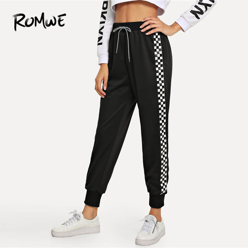 ROMWE Black Drawstring Waist Plaid Panel Pants Women Casual Autumn High Waist Bottoms Sporty Sweatpants Female Sports Trousers