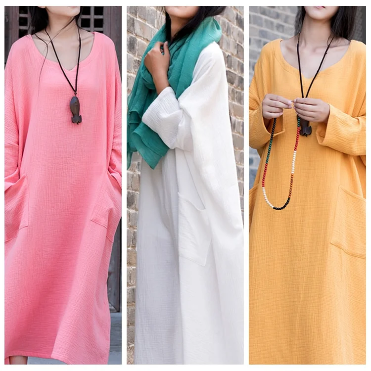 Однотонное хлопковое женское длинное платье с длинным рукавом Повседневное