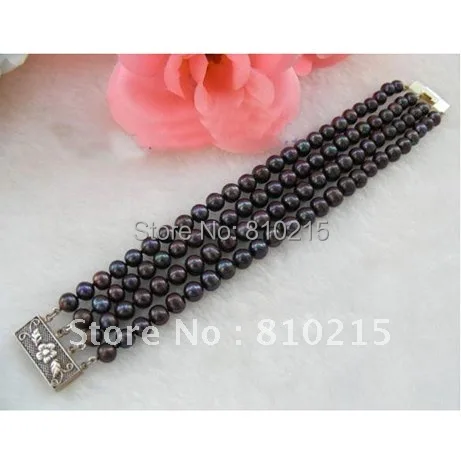 

Stunning 4 Rows AA 7-8MM Round Shaper Black Color Genuine Freshwater Pearls Bracelet Fashion Pearl Jewelry New Free Shipping