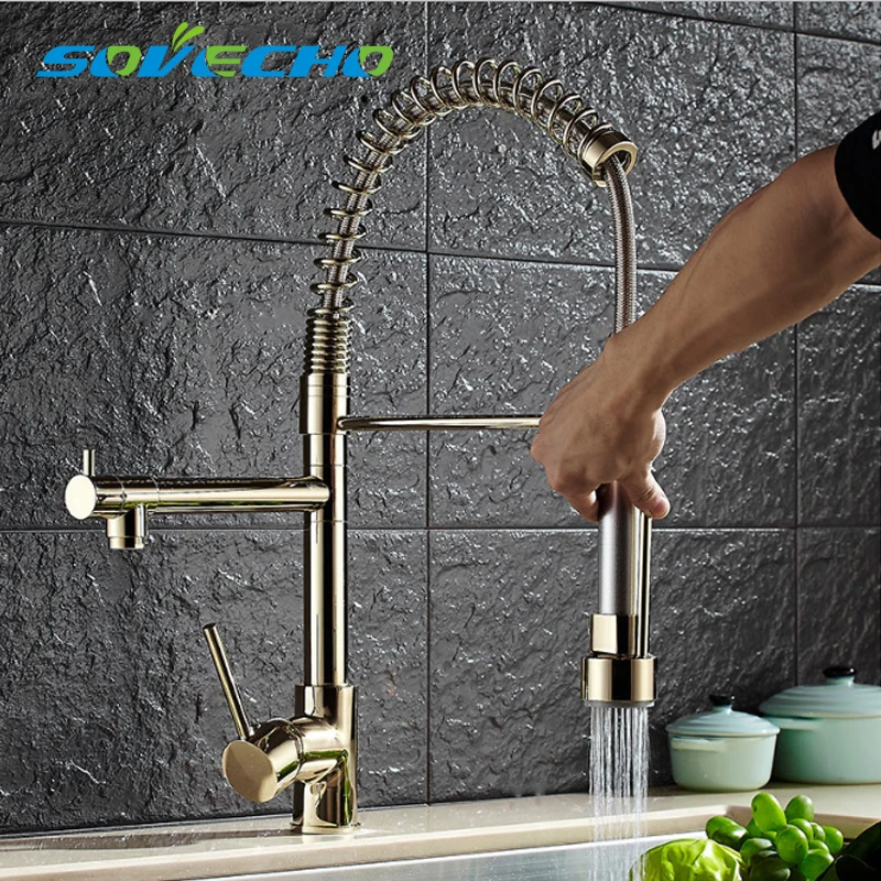 Plating Titanium Gold Pull Out Kitchen Faucet Mixer Multifunctional Water Tap 2 Outlet All Around Rotate Swivel L0156 | Строительство и